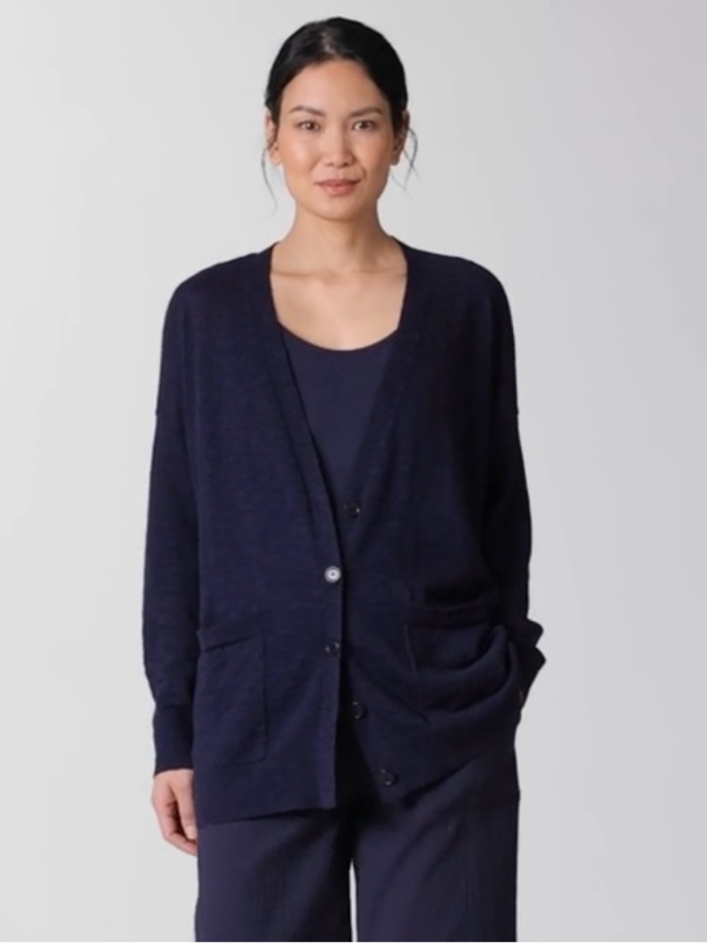 Eileen Fisher Organic Linen Cotton Slub Cardigan Sweater Sz M Navy Blue Pockets - Picture 1 of 12